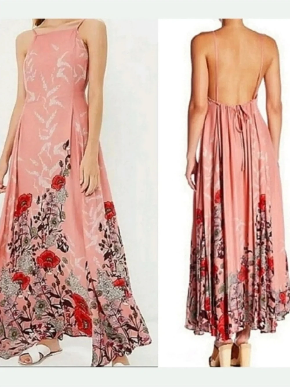 Free People Floral Pink Maxi Dress with Open Back Boho Beach XS